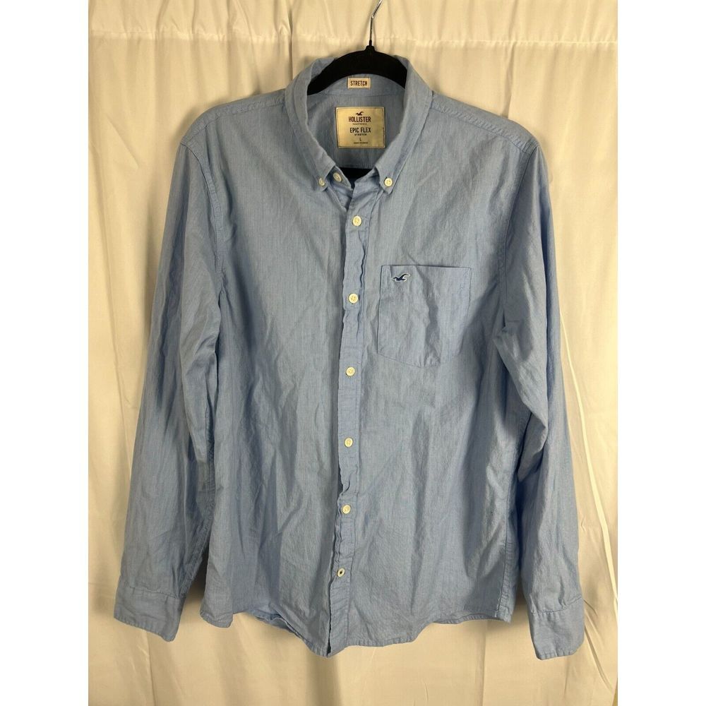 Hollister Mens‎ Shirt Large Blue Solid Embroidered Stretch Flex Button Down